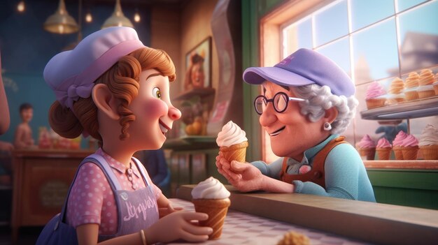 A cartoon character is shown with an ice cream cone and a woman wearing a purple hat.