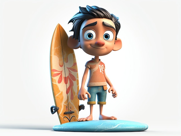 A cartoon character is standing on a blue pillow with a surfboard on it.