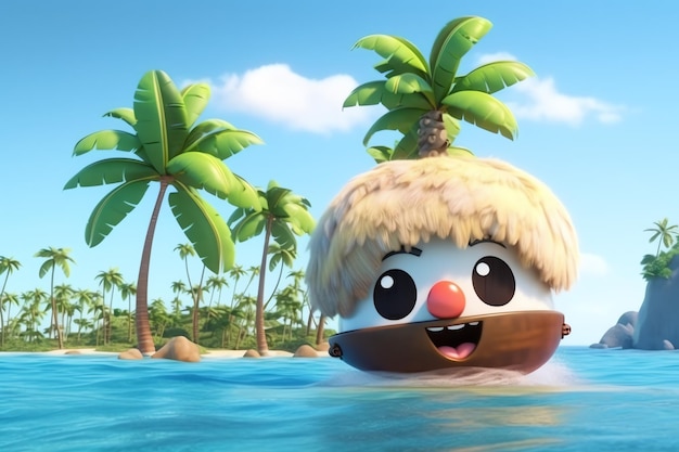 A cartoon character is swimming in the water with a coconut on his head.