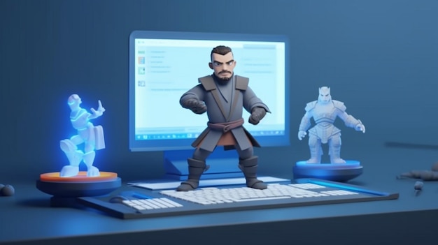 A cartoon character on a keyboard with a monitor behind him.