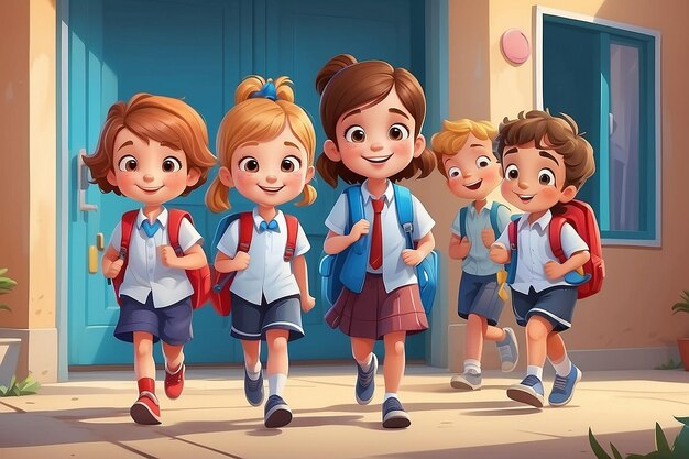 Photo cartoon character of kids go to school happy back to school concept