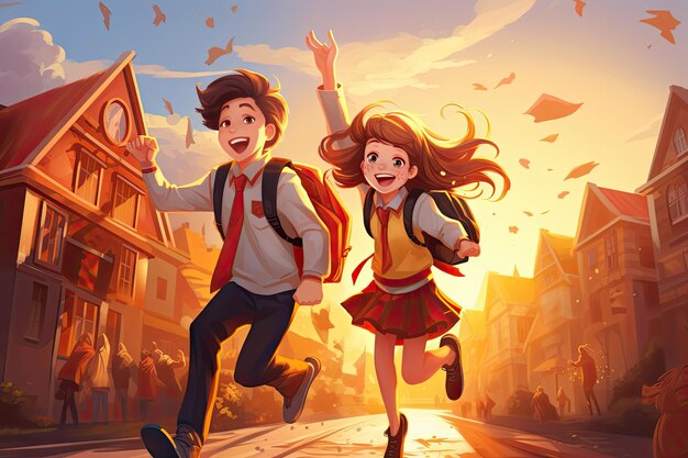 Cartoon character of kids go to school happy back to school concept