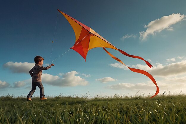 Cartoon Character Kite Flying Windy Day Soar