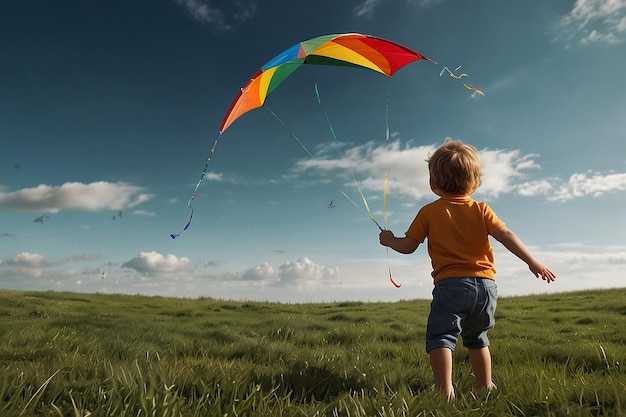 Cartoon Character Kite Flying Windy Day Soar