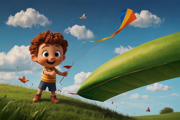 Cartoon Character Kite Flying Windy Day Soar