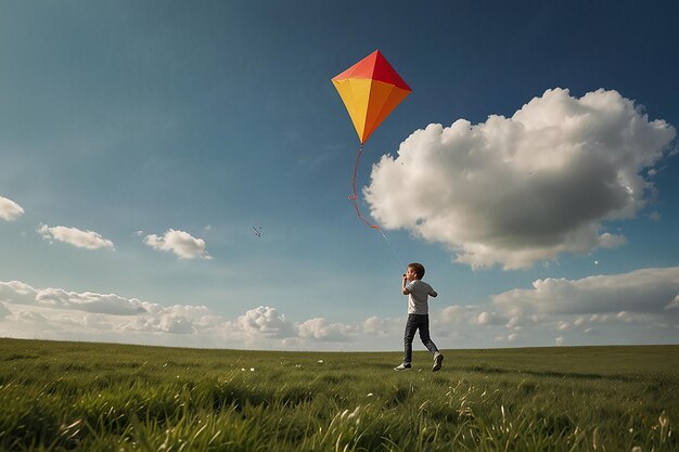 Photo cartoon character kite flying windy day soar
