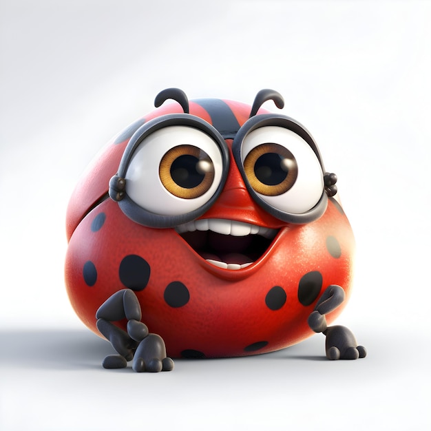 Cartoon character of ladybug with glasses and a smiley face