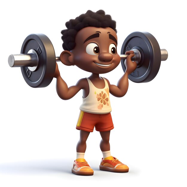 Cartoon character of a little boy lifting a barbell 3d render