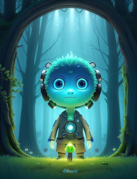 森に立っているヘッドフォンを持つ小さな男の子の漫画のキャラクター