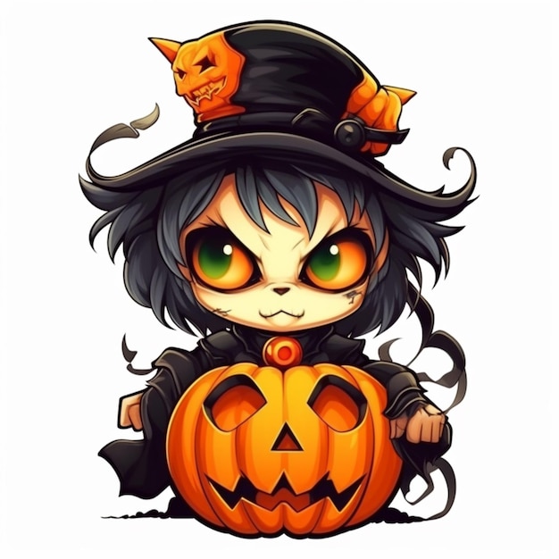 a cartoon character of a little witch with a pumpkin generative ai