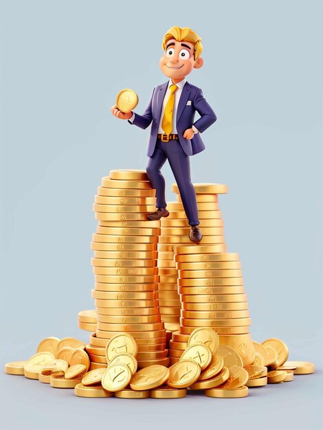 Cartoon character man leaning on a huge stack of gold coins businessman