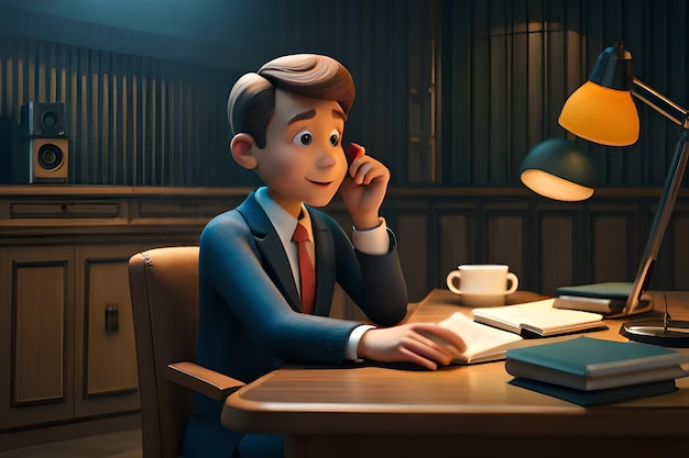 A cartoon character a man in a suit sitting at a desk with a lamp in a dark room