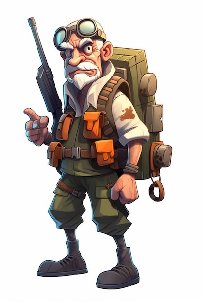 Cartoon character of a man with a backpack and a gun