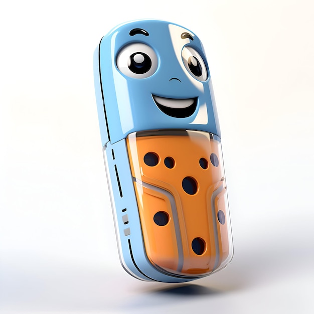 Cartoon character of a medical pill with expression of surprise and happiness