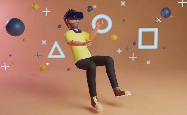 Cartoon character men floating in the air VR glasses concept of technology and Metaverse 3d render i