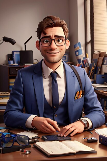 Photo cartoon character monsieur avec des lunettes dans un bureau
