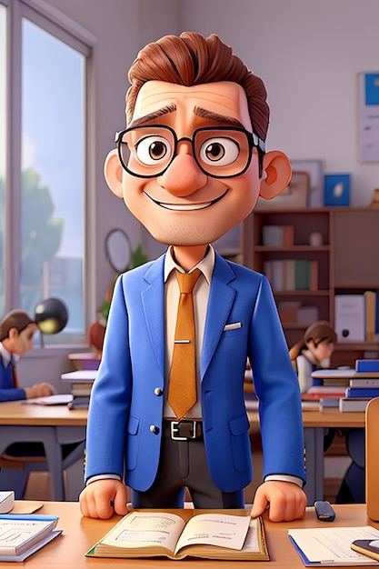 Photo cartoon character monsieur avec des lunettes dans un bureau