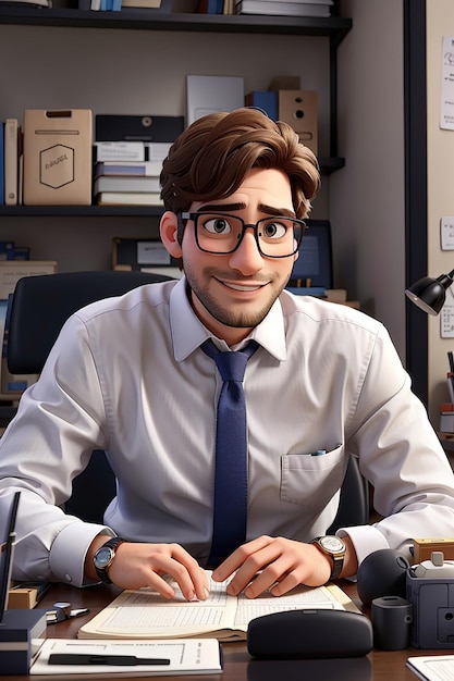 cartoon character Monsieur avec des lunettes dans un bureau