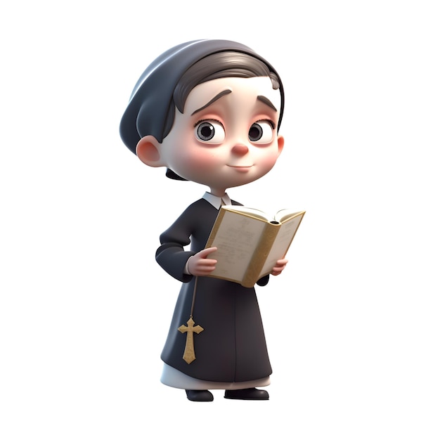 성경을 들고 있는 수녀의 만화 캐릭터 3d 렌더링