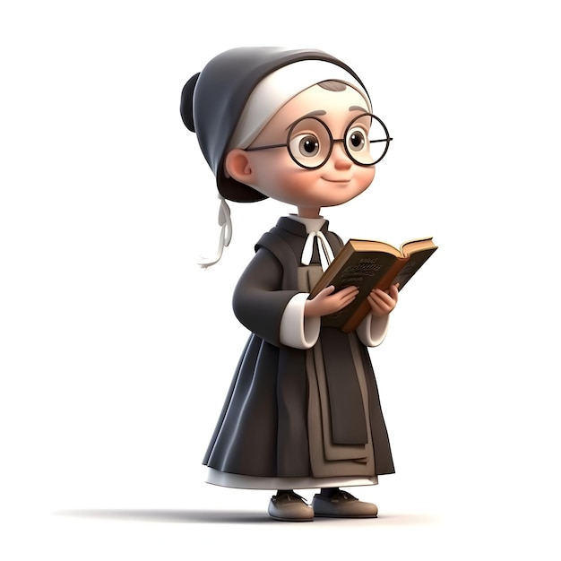 Cartoon character of a nun reading a book 3d render