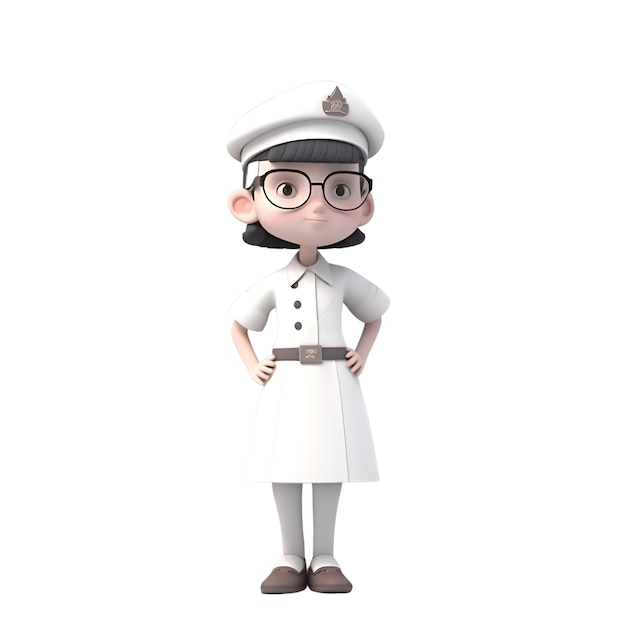 3Dレンダリングでメガネをかぶった看護師の漫画キャラクター