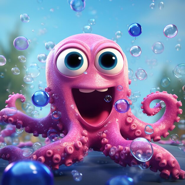 Cartoon character octopus with bubbles 3d illustration for children generative ai