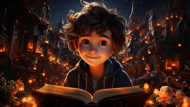 Фото Карикатурный персонаж милого мальчика с книгой на фэнтези фоне