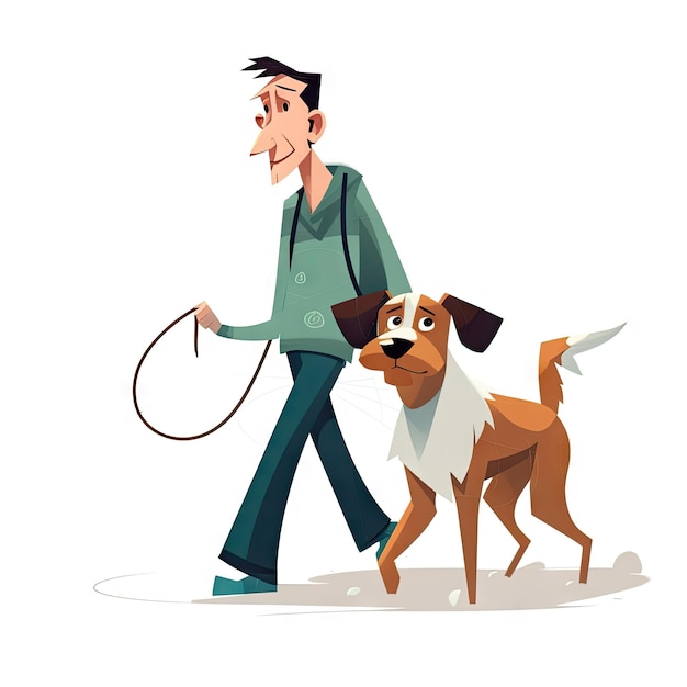 Photo cartoon character of person leading dog on white background