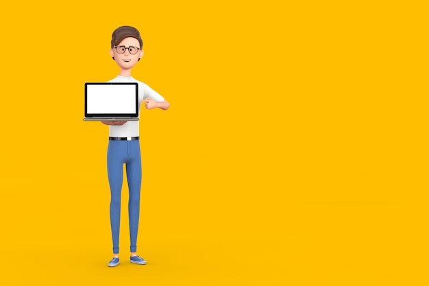 漫画のキャラクターの人の男は黄色の背景にあなたのデザインの空白の画面でノートパソコンを保持します。 3dレンダリング