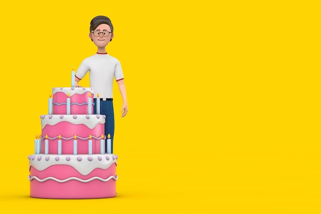 만화 캐릭터 사람 남자 생일 만화 디저트 계층화 된 케이크와 촛불 3d 렌더링