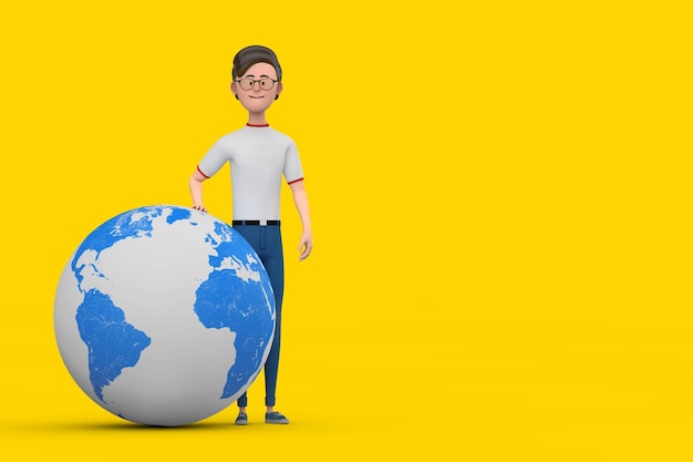 Cartoon Character Person Man with Earth Globe 3d Rendering