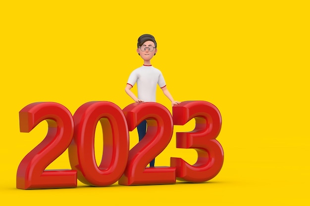 赤い2023年の新年のサイン3dレンダリングと漫画のキャラクターの人の男