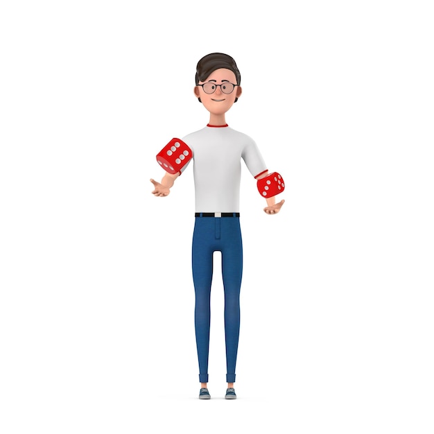 Cartoon Character Person Man with Red Game Dice Cubes in Flight 3d Rendering