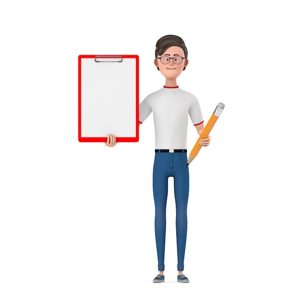 Cartoon Character Person Man with Red Plastic Clipboard Paper and Pencil 3d Rendering