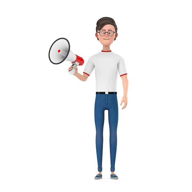 Cartoon Character Person Man with Red Retro Megaphone 3d Rendering