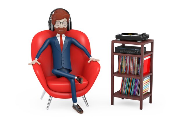 Photo cartoon character person sits in red leather relax chair and listens music in headphones