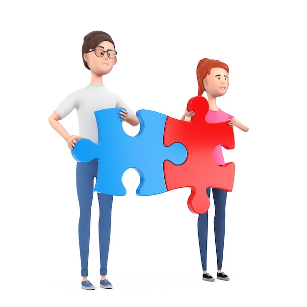 Cartoon Character Persons Man and Woman Hold in Hands Two Pieces of Colorful Jigsaw Puzzle on a white background 3d Rendering