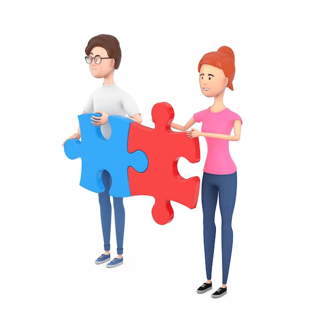 만화 캐릭터 사람 남자와 여자는 흰색 배경 3d 렌더링에 다채로운 지그 소 퍼즐의 손에 두 조각을 잡아