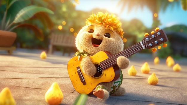 A cartoon character playing a guitar with a yellow background