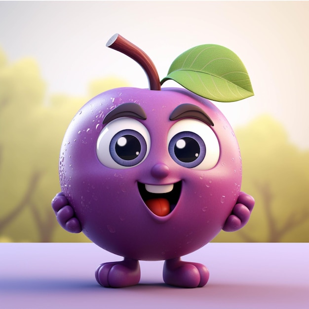 Photo cartoon character of plum with green leaves 3d illustration