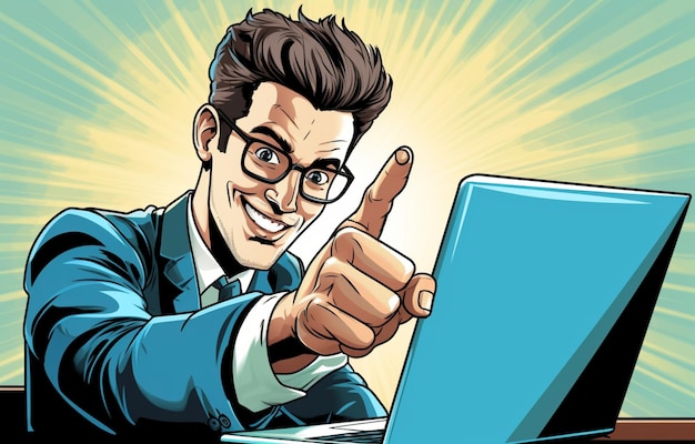 cartoon character pointing his finger at a computer screen