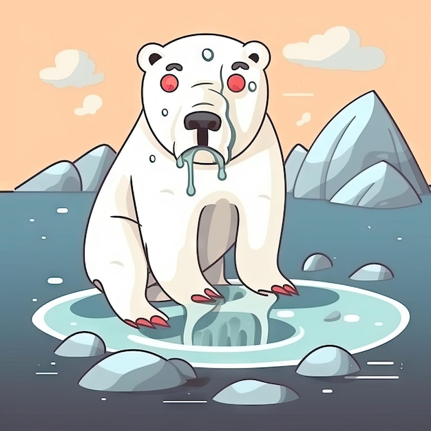 Photo cartoon character of polar bear on ice global warming concept