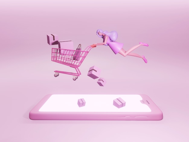 Cartoon character of a pretty and happy woman flying with a shopping cart over a mobile phone.