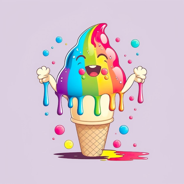 Photo cartoon character rainbow ice cream in cone