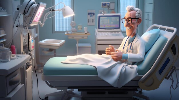 Photo a cartoon character recovering in a hospital bed under the care of a doctor