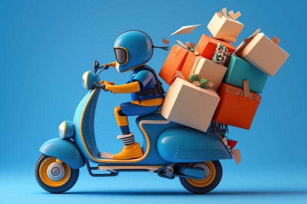 Photo cartoon character riding scooter with boxes on it generative ai