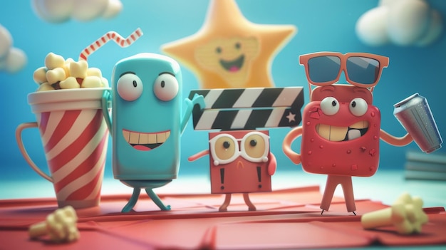 Foto un set di personaggi dei cartoni animati che presenta personaggi carini con facce e braccia clapperboards stelle in occhiali da sole popcorn e lattine di soda