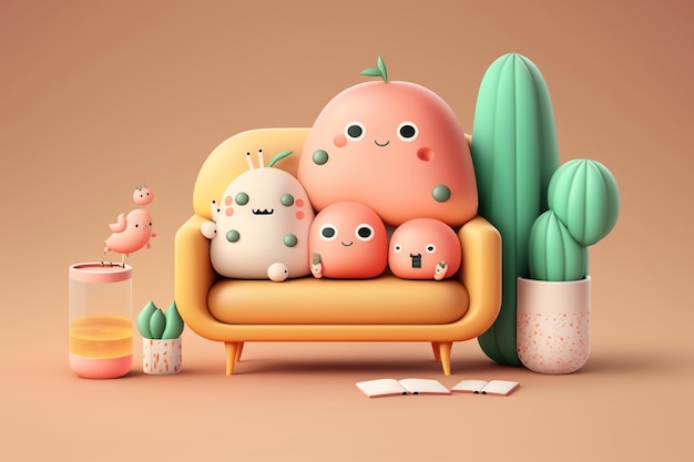 A cartoon character sits on a couch with a cactus on the back.