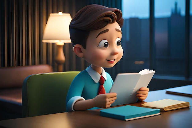 만화 캐릭터가 손에 책을 들고 책상에 앉아 있다.