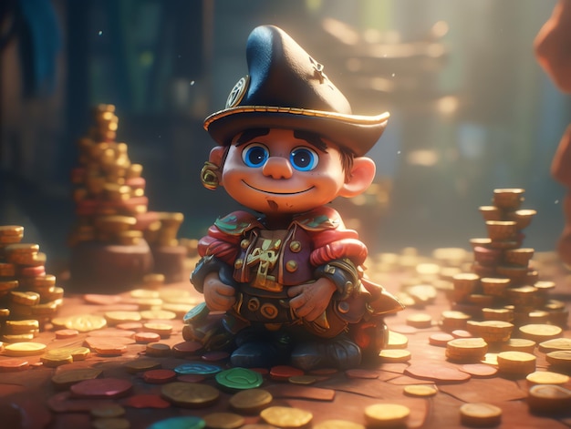 A cartoon character sits on a pile of coins.